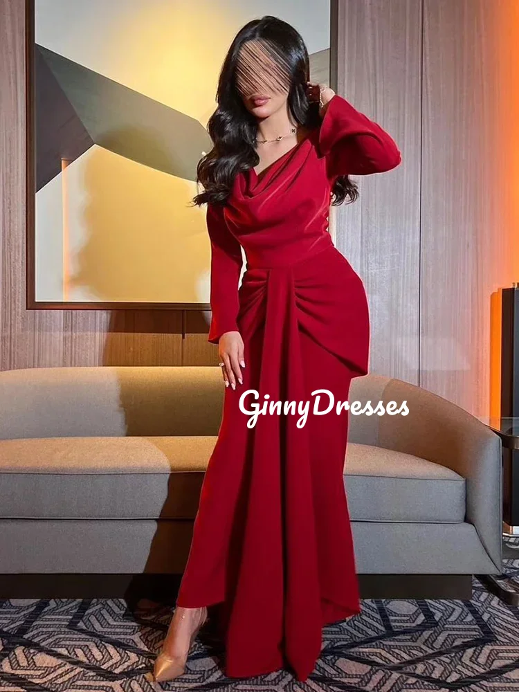 Customized Evening Dress Woman Cowl Neck Sheath Prom Dresses Floor-Length Ruffle Zipper Up Long Sleeves Lining Wedding Party Dre