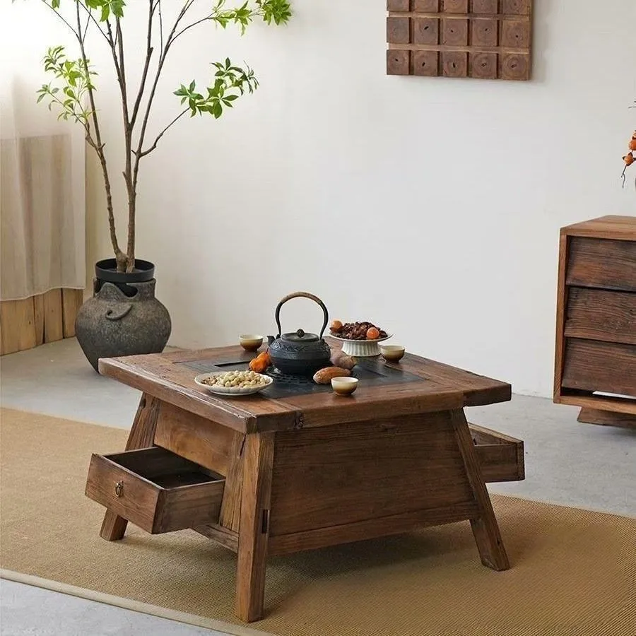 #Modern round solid wood stove coffee table is suitable for bed and breakfast courtyard carbon stove barbecue hot pot