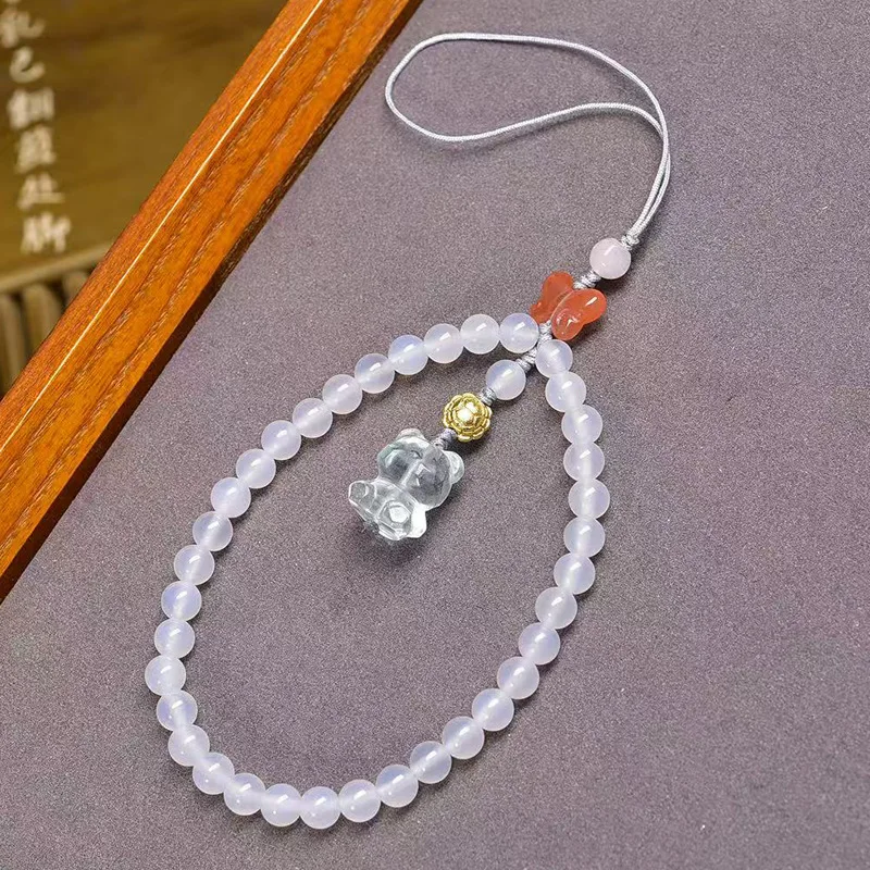 

Natural White Agate Keychain with Glass Bear and Agate Butterfly Accessories Minimalist Fashion Phone Chain Pendant Jewelry