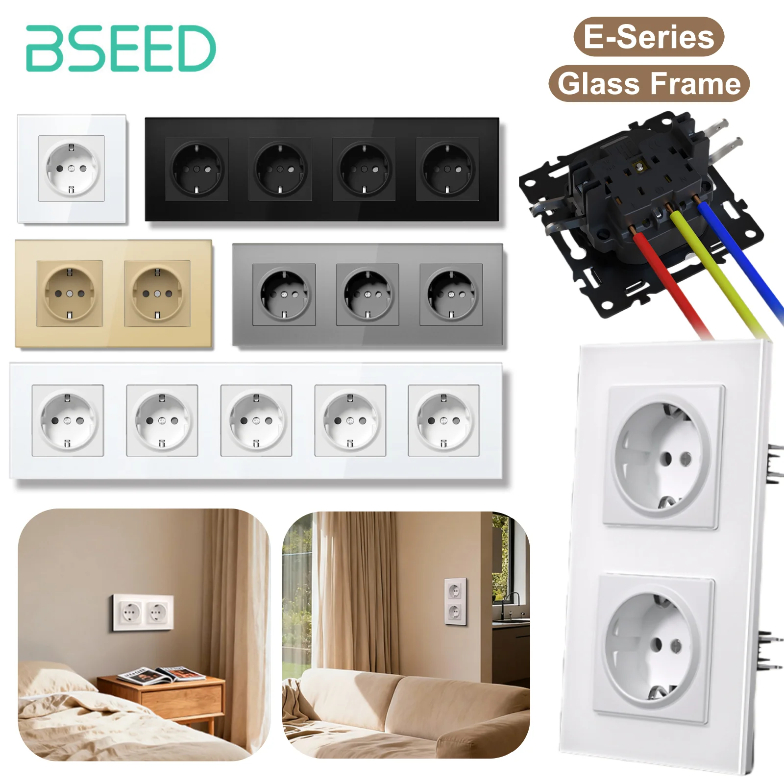 BSEED 16A EU Socket E Series 86mm Double Power Outlets Triple Electric Sockets Crystal Glass Wall Socket White Black Gold Gray