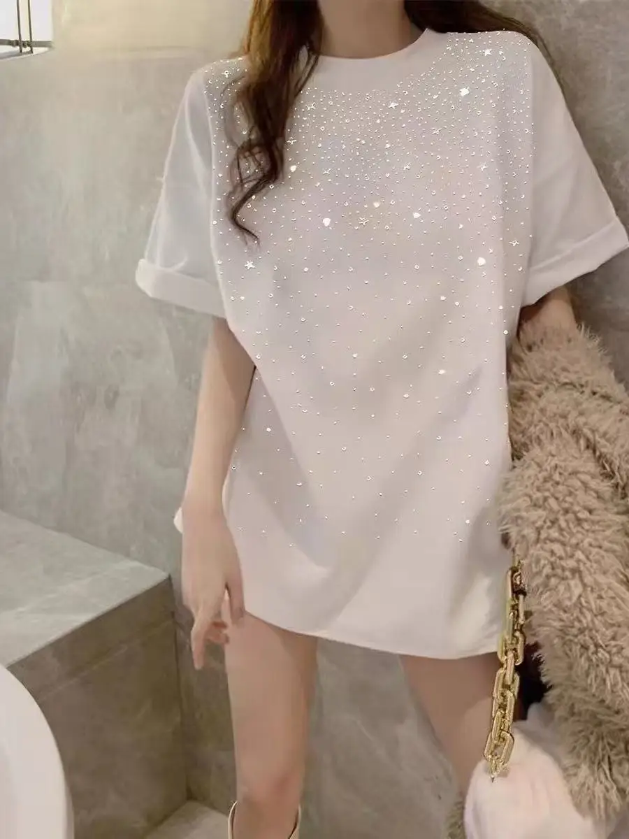 Women's Cotton T-Shirt Short Sleeve Loose Fit Summer New Style Large Size Mid-Length Slimming Butt Covering Half Sleeve Top