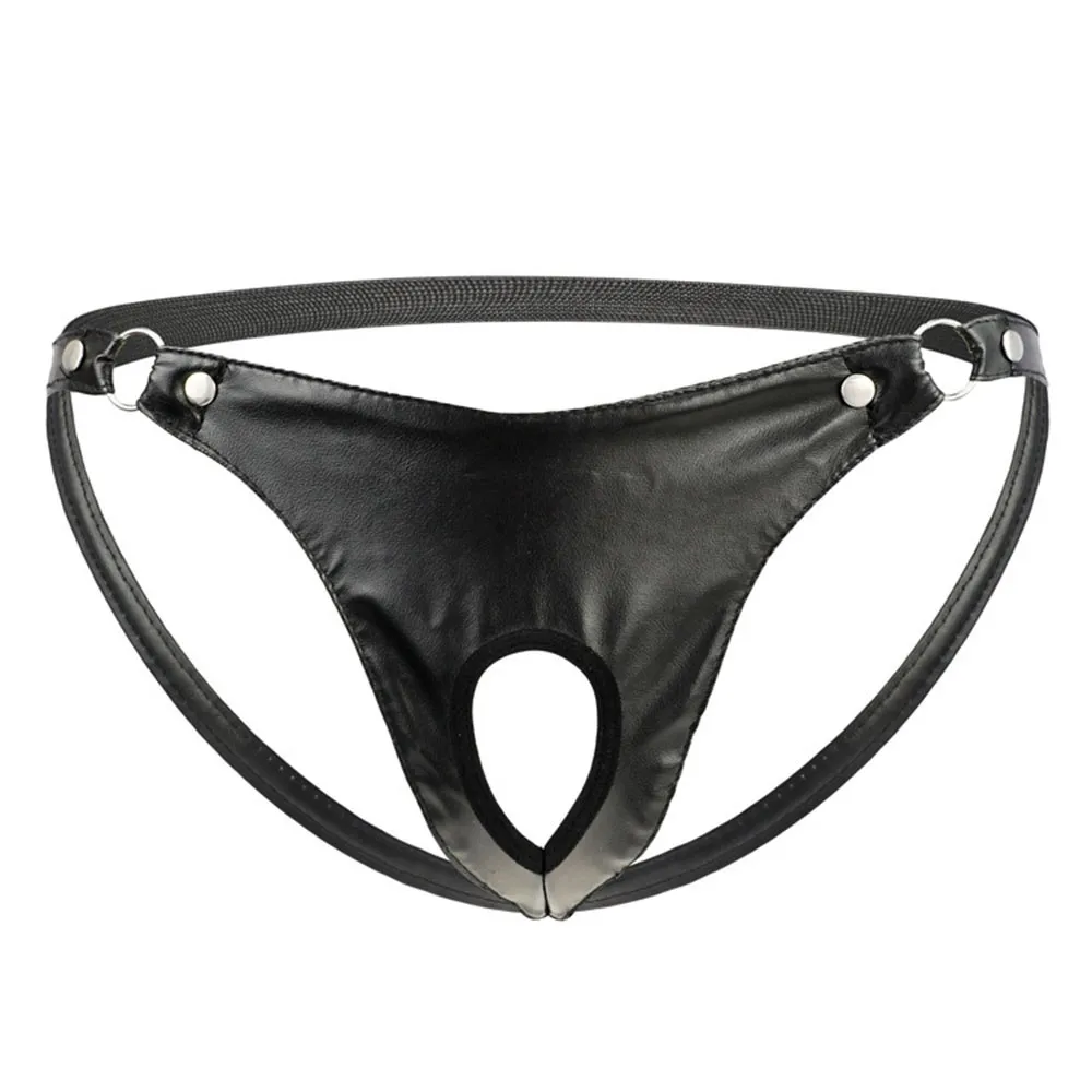 

1pc Men's Sexy Lingerie Underwear Faux Leather Metal Ring Thongs Underpants Elastic Open Butt Panties G-strings