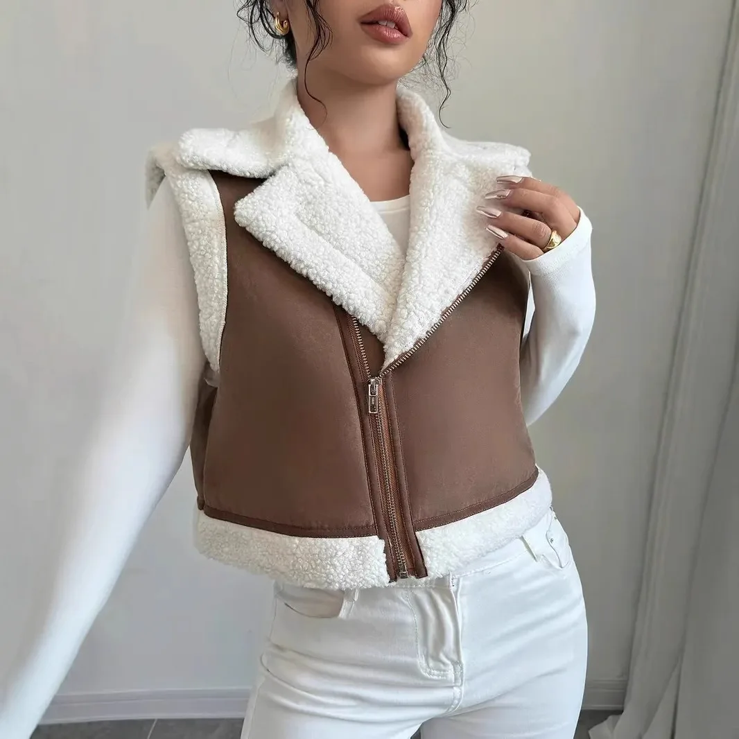 سترة نسائية مقسمة سترة من الصوف سترة بدون أكمام وياقة مقلوبة وسحاب عالي الشارع فضفاض لخريف 2025 مرقع #1