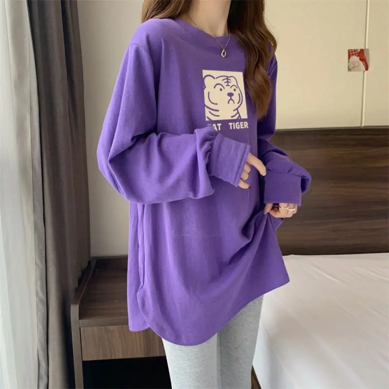 Women\'s Clothing Long Sleeve Pullovers O-neck Printing Solid Color Simplicity Spring Autumn Thin Casual Fashion Loose T-Shirts