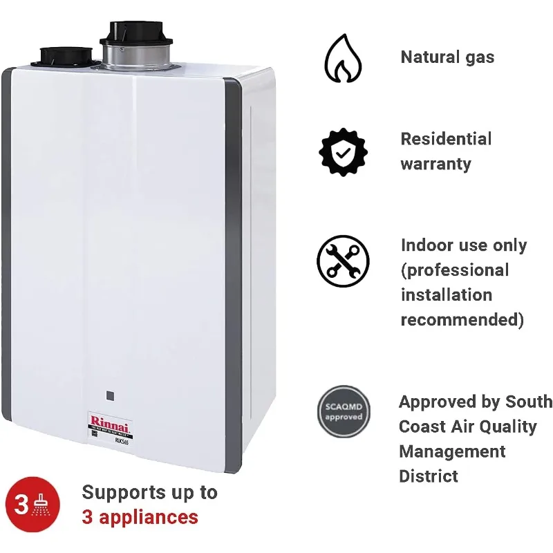 Rinnai RUCS65IN Tankless Hot Water Heater, 6.5 GPM, Natural Gas, Indoor Installation