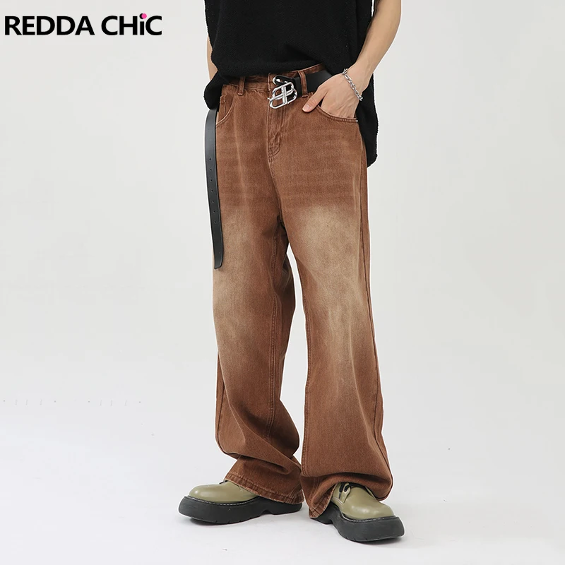 

REDDACHIC Cowboy Brown Brushed Baggy Jeans Men Vintage Wash Whiskers Frayed Wide Leg Pants Hiphop Trousers Harajuku Streetwear