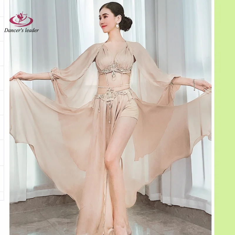 

Belly Dance Competition Practice Women's High-end Diamond-encrusted Bra Long Dress suit Light Apricot Performance dress