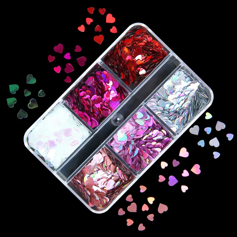 6 Grids Holographic Nail Art Glitter Sequins Maple Leaves Laser Star Heart Paillette Flake DIY Manicure 3D Nail Decoration Tools