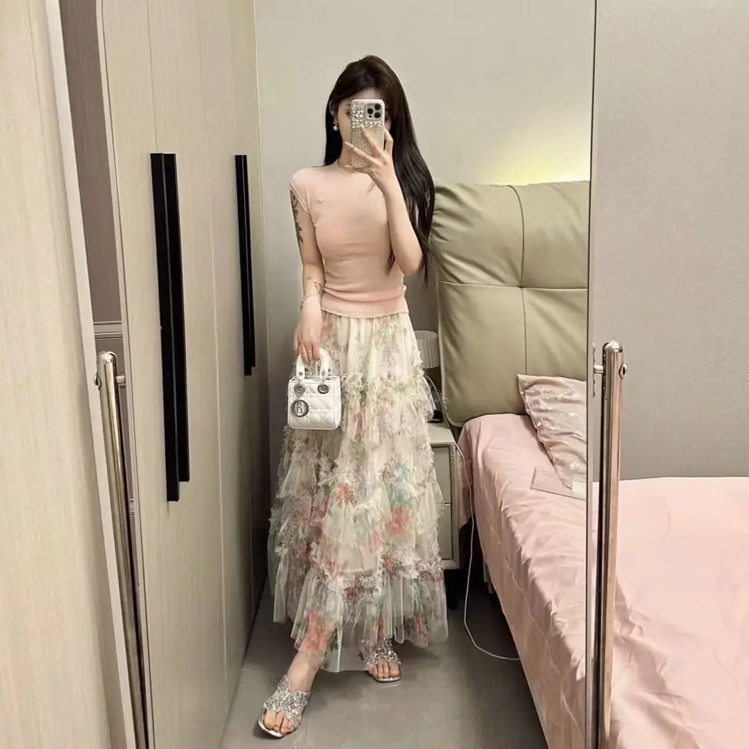 

Летний модный комплект: облегающий топ и асимметричная юбка с цветочным принтом в стиле масляной живописи, корейский стиль, для повседневной носки