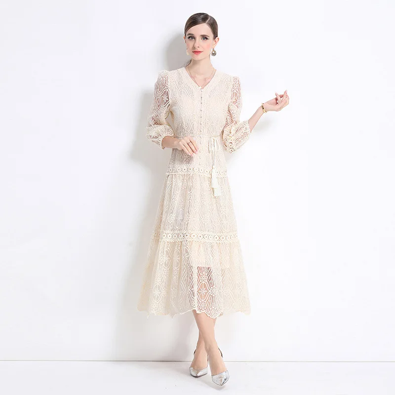 Ele Lace V-ne Lantern Sve Dr Afslankrok met enkele knop voor dames, lang Dr Summer Thiened Windbreaker Sle