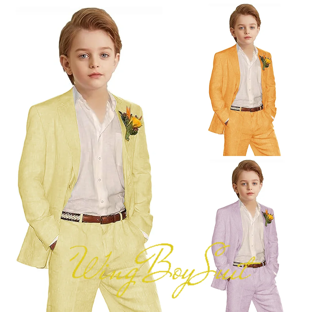 Summer Linen Boys Suit 2 Piece Jacket Pants Wedding Tuxedo Beach Party Clothes Kids Customized Blazer