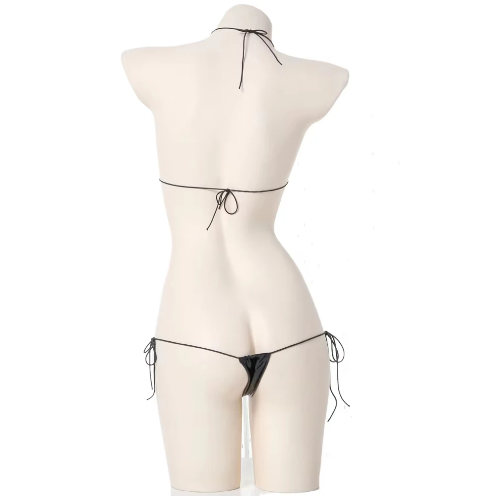 Sexy Micro Bikini Leather Lace Up PU Underwear Lingerie Swimsuit Low Waist Bikinis Sets Beach Swimwear