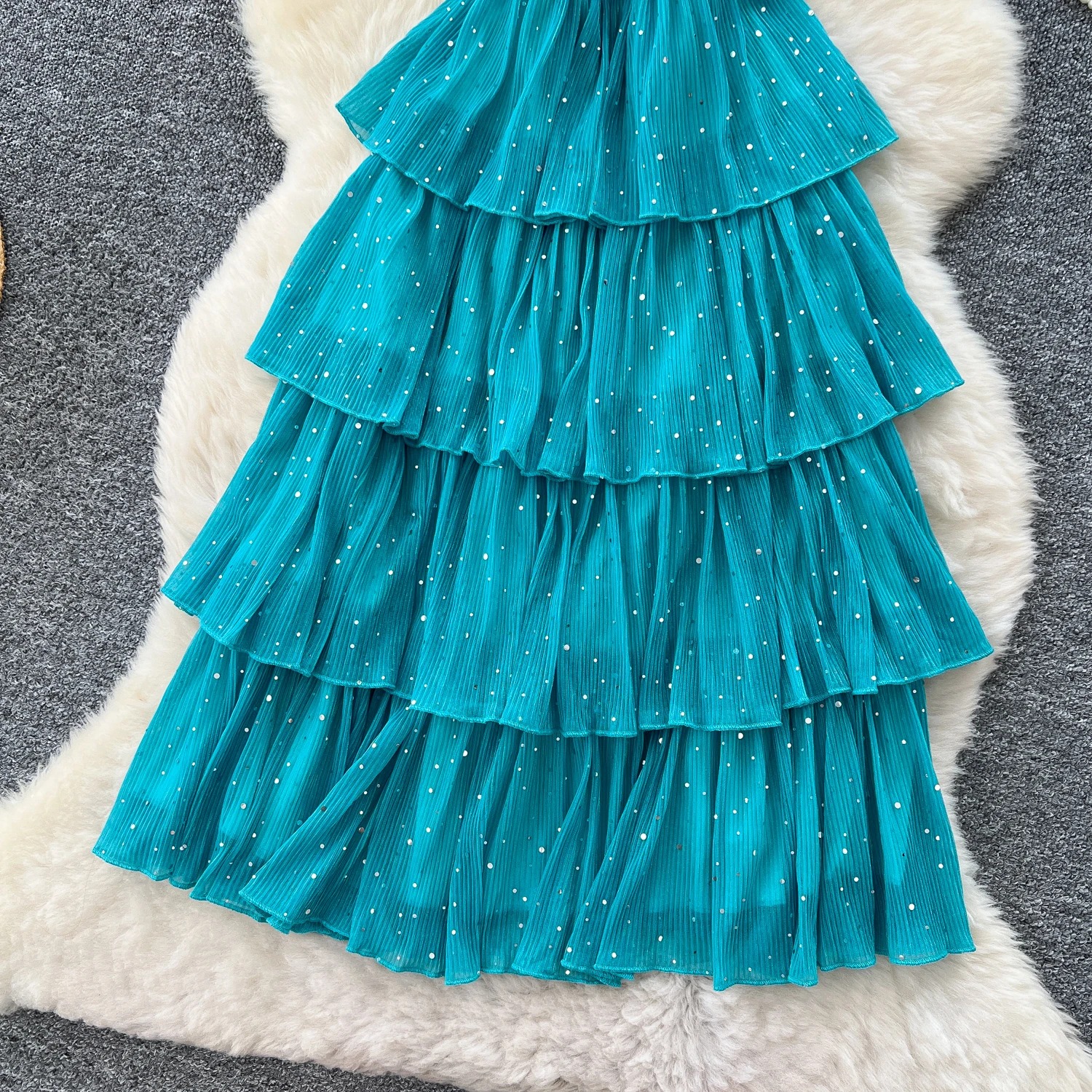 Chic vintage impiombato glitter incrociato elegante fata moda coreana Boho vestito estivo abbigliamento donna