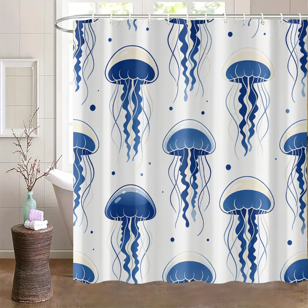 White Base Pale Blue Gradient Jellyfish Bubble Print Shower Curtain, Fresh Cartoon Deep Sea Home Decor Bathroom Curtain, Made of