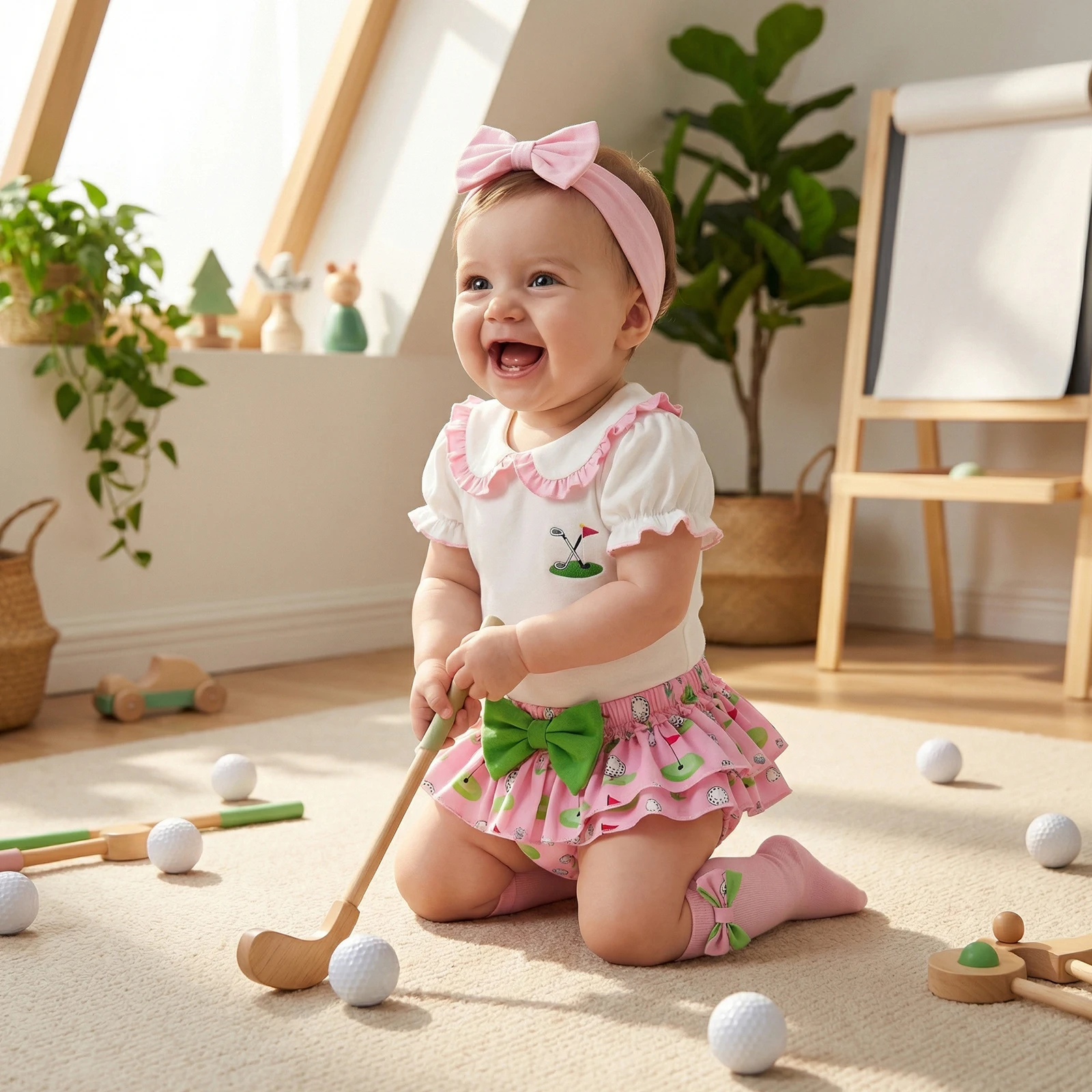 Cute Baby Girl Summer Outfits Short Sleeve Doll Collar Romper Golf Print Shorts Bow Headband Long Socks Baby Set