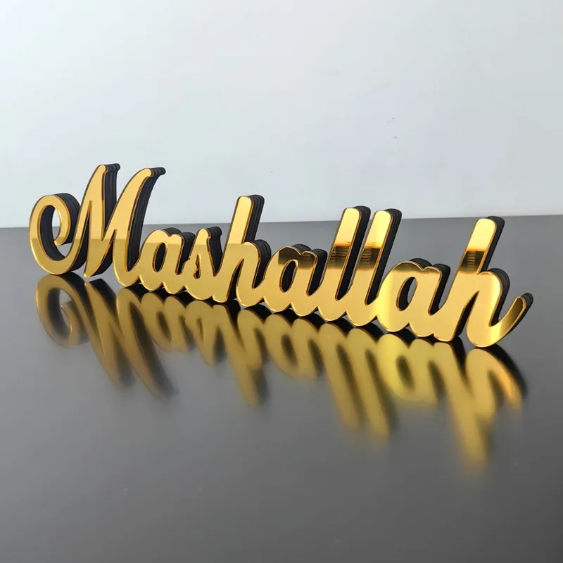Ramadan Mubarak Decor 3D Acrylic Arabic Calligraphy Wall Art with Wooden Base Islamic Home Decoration Desk Display Eid Festival