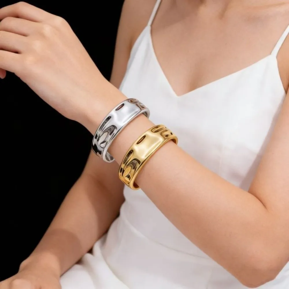 New Irregular Open Cuff Bracelets Gold Silver Color Smooth Geometric Bangles Wrinkle Punk Metal Bracelets Jewelry