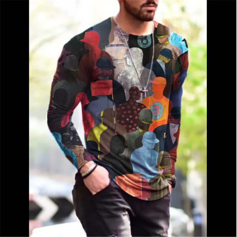 Spring Autumn Long Sleeve Men's 3D T-Shirts Tie-dye Street Patchwork Pattern Printing Male Tops 4XL Plus Size Loose Casual Tees