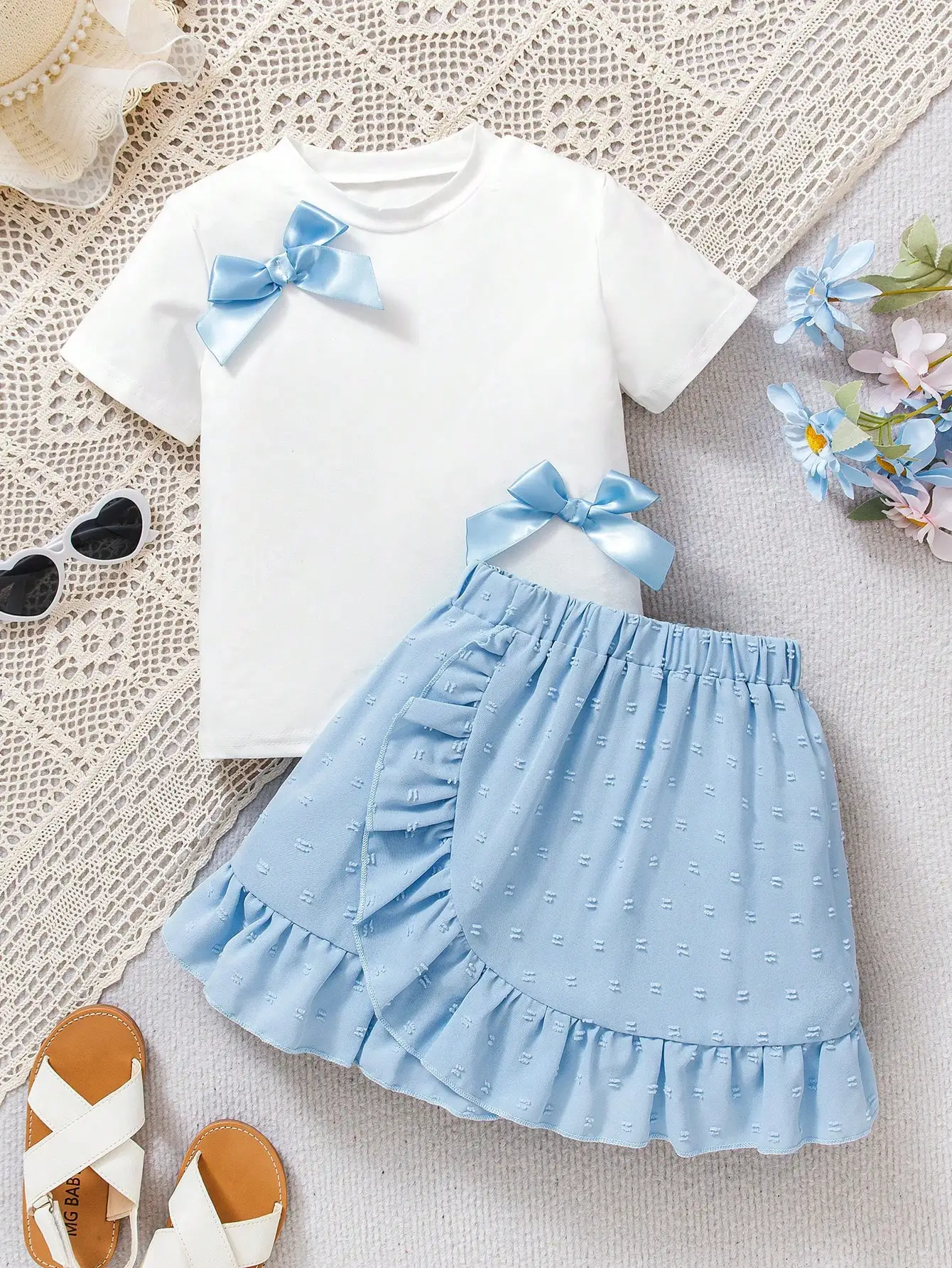 Комплект из футболки с синим бантом и многоярусной юбки для девочек |   Сладкий наряд в стиле преппи для детей 4–7 лет, школа/вечеринки (S/S)