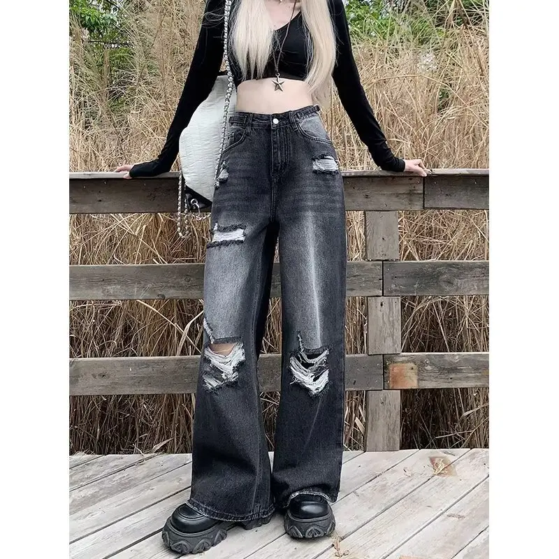 

2026 summer high street black ripped jeans fashionable women's new trendy brand straight loose floor-length wide-leg jeans