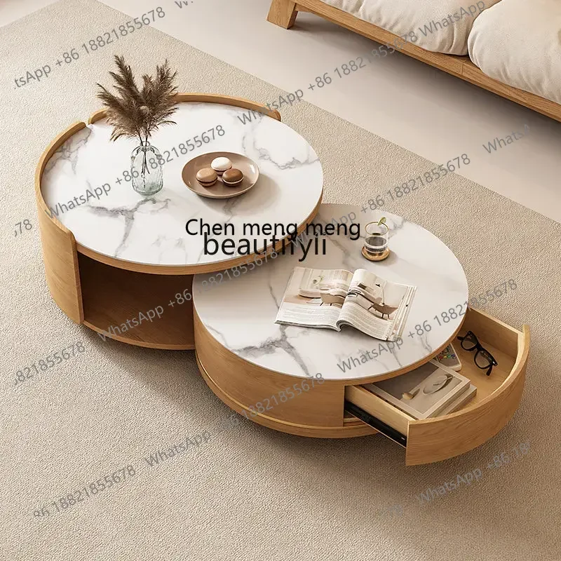 

zq Nordic Log Style Stone Plate Coffee Table Living Room Simple High and Low round Telescopic Tea Table Combination