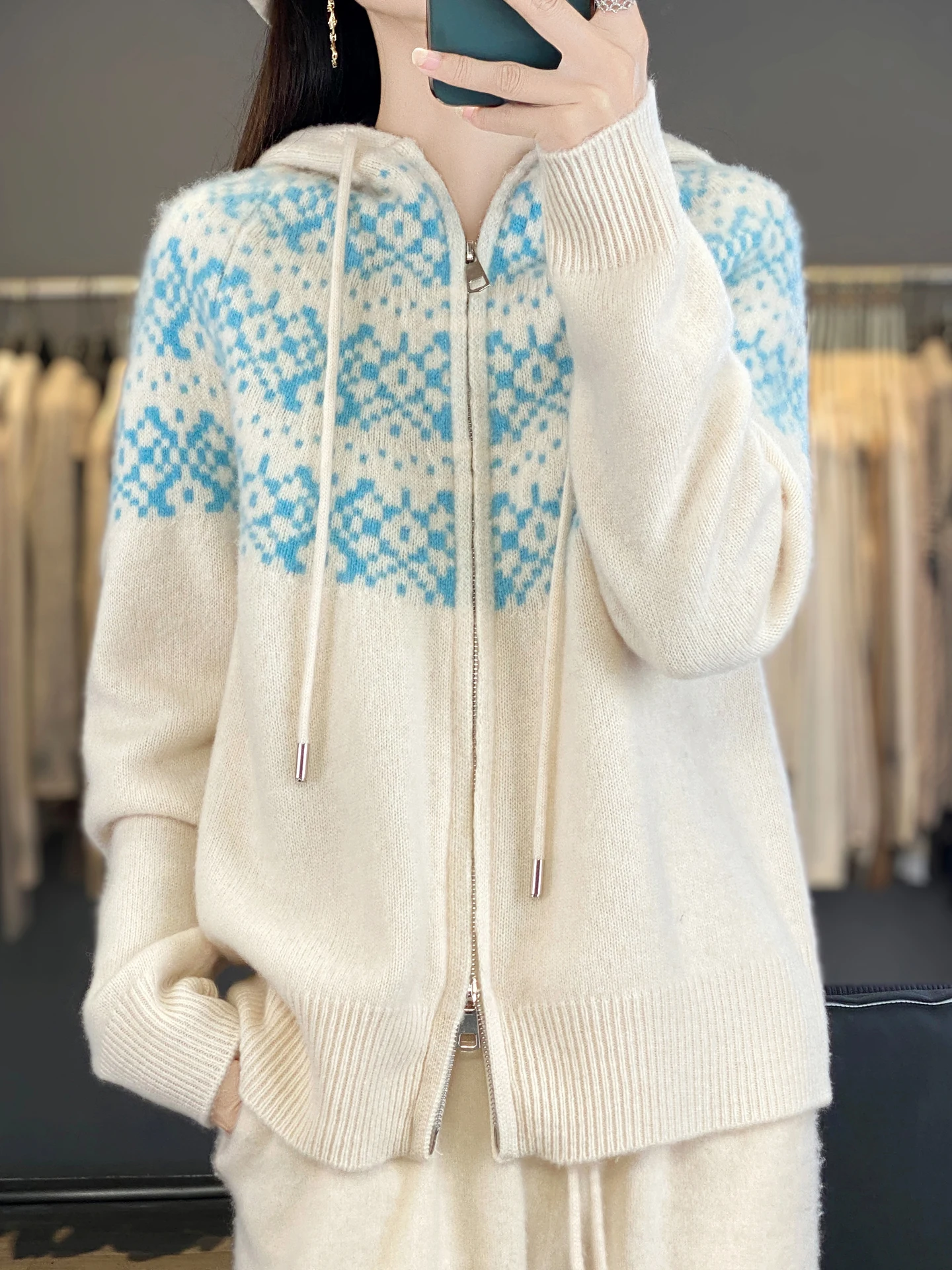 TLOML Women's 100% Merino Wool Hoodie Fair Isle Double Zipper Cardigan Autumn Winter Cashmere Knitwear Casual Soft Thicken Tops - view 4