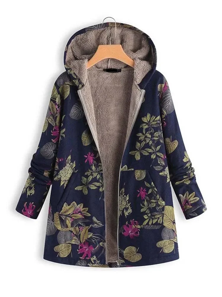 2023 New Women Winter Warm Floral Hooded Jacket Flower Print Hoody Vintage Oversized Coats Winter Padded Jacket Women Parkas