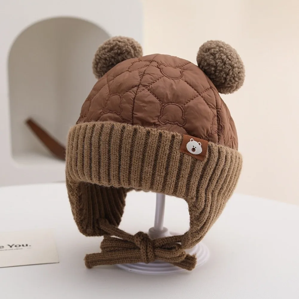 

Warm Fleece Baby Ear Protection Hat Knitted Design Thickened Material Toddler Hat Windproof Feature Bear Ear Style Infant Hat