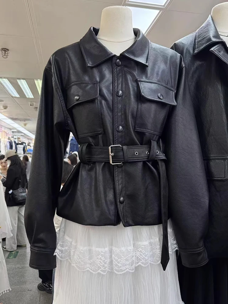 Modieus veelzijdig dames biker leren jack lente 2025 uniek all-match jack buitenkleding losse pasvorm lange mouw