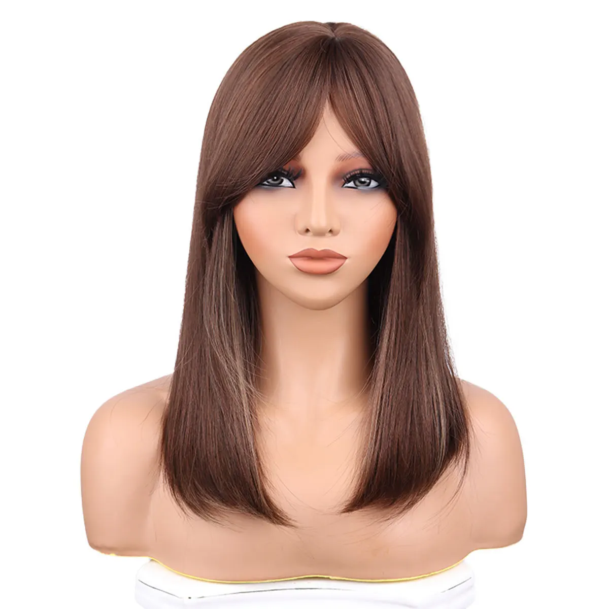 

European and American women's wig brown highlights eight-character bangs medium and long bobo high temperature silk straight hai
