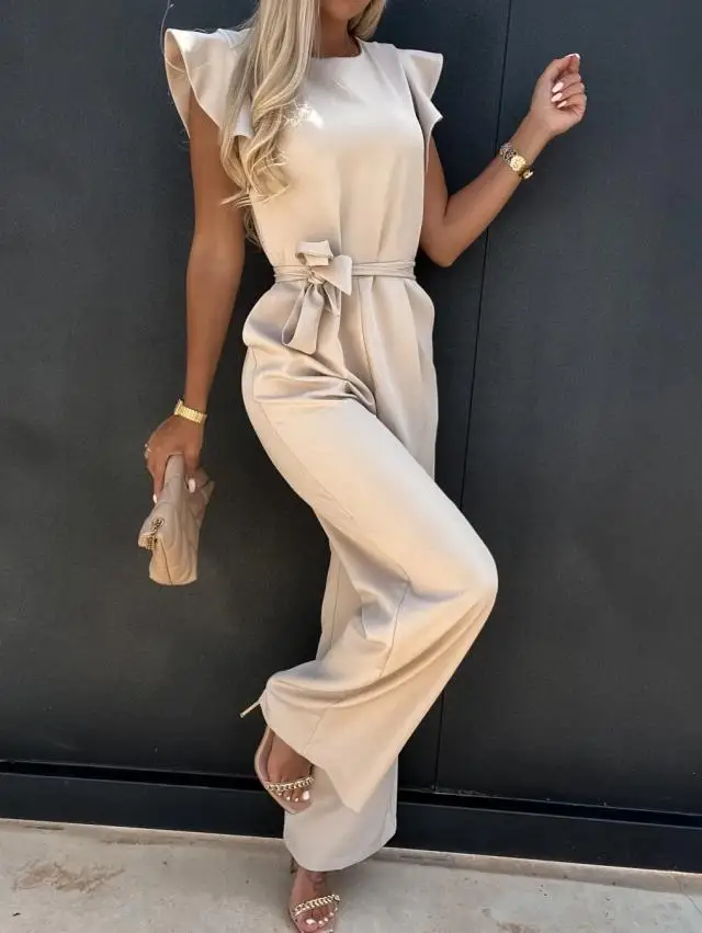 Jumpsuit mit Schnürung, hoher Taille, elegant, einfarbig, gerade geschnitten, modische Rüschenärmel, Dating-Jumpsuit – Detail 7