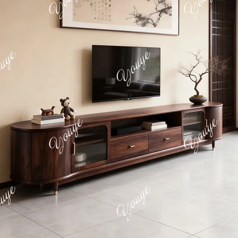 

SX Pure Solid Wood Retro TV Cabinet Modern Simple Living Room Size Apartment North American Black Walnut Nordic TV Cabinet