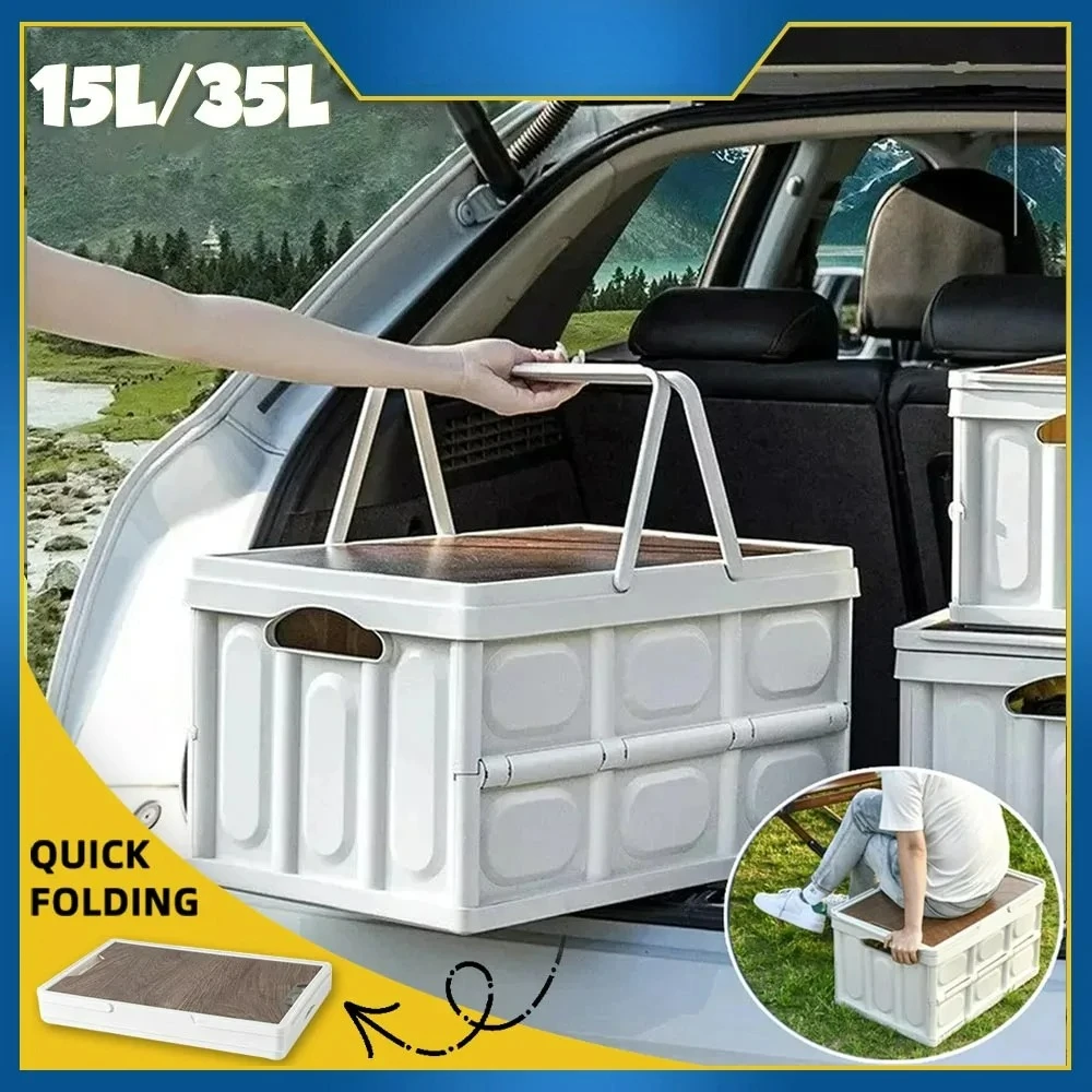 

Outdoor Camping Folding Storage Box 35L Thickened Car Mounted Travel Food Foldable Organizing Tool with Carry Handle Wooden Lid