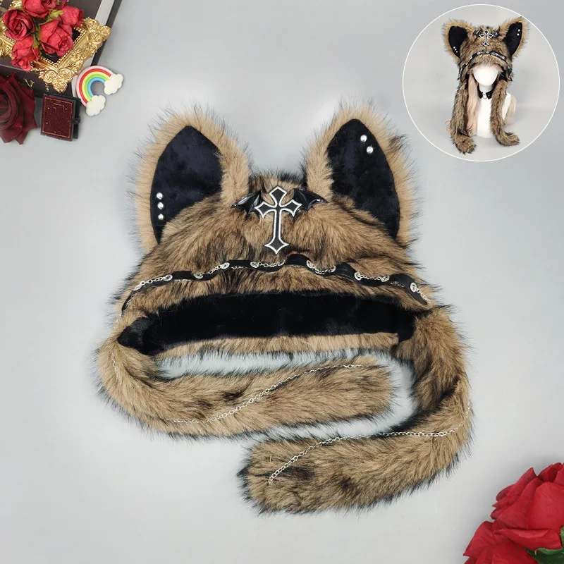 Gothic Punk Cat Ear Hat met kruisvleugelketting Decoratie Pluche warme wintermuts Alternatieve meisjes Y2K Rock Music Festival Party