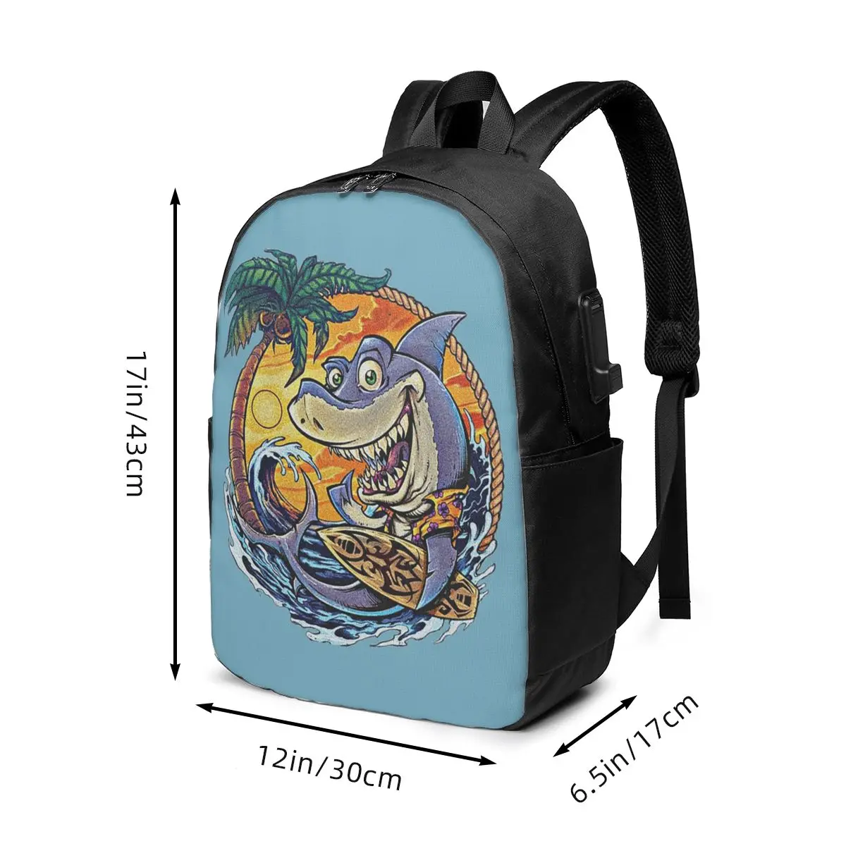 Hand Drawn Stylized Shark Cartoon Backpack Travel Notebook Bag Computer College Student School Bag Laptop Shoulder Bags