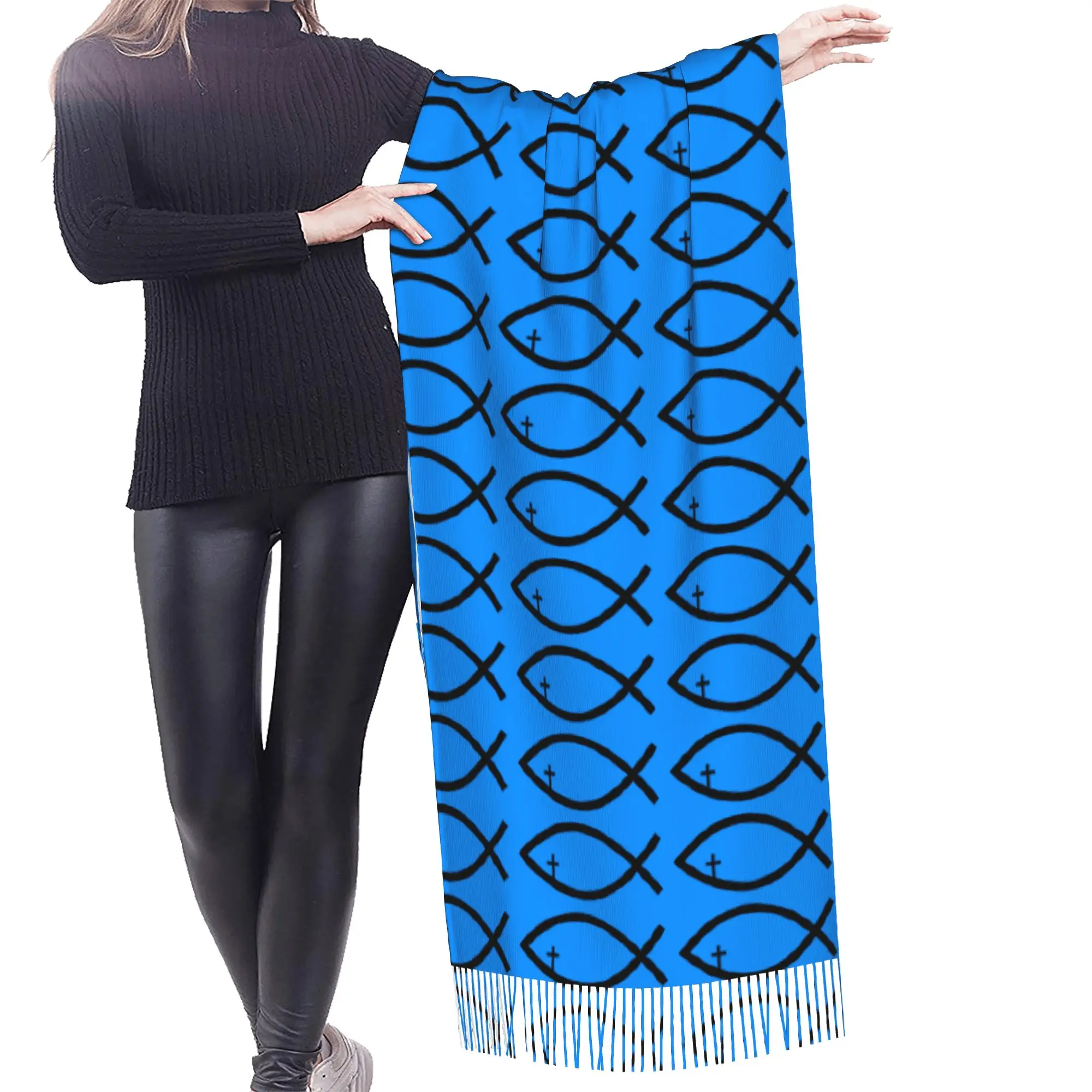 Custom Ladies Large Jesus Fish Cross Christ Symbol Religious Scarves Women Winter Fall Soft Warm Tassel Shawl Wraps  Scarf