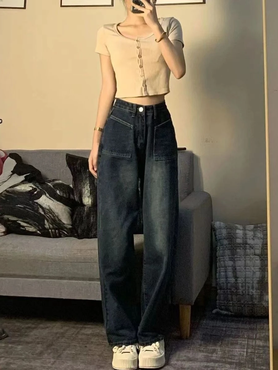 

Широкие джинсы с высокой талией в стиле ретро, весна-осень, модный дизайн, длиной до пола, прямой крой, утягивающие длинные брюки, женская мода