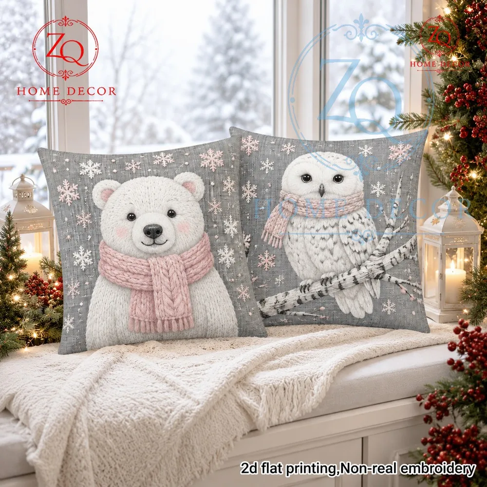 Pink  gray winterthemed throw pillowcases with a knitted feel polar bear  snowy owl print A warm comting home decor item sas