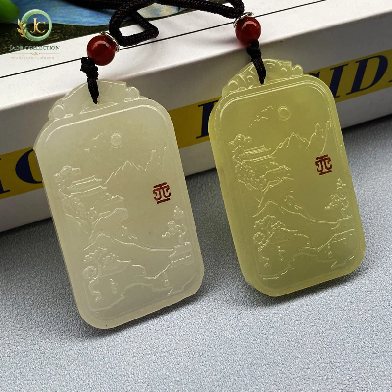 Afghan white jade and green jade landscape pendant, live streaming supply, jade ornaments wholesale, sweater chains, exhibition