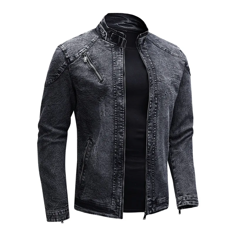 Chaqueta de mezclilla de motocicleta para hombre, abrigos de mezclilla de cuello alto, cremallera Retro, algodón ajustado, prendas de vestir