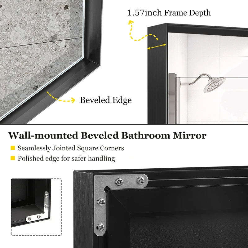 40x30inch Glossy Black Bathroom Mirrors For Wall  Corner Hangs Farmhouse Mirror Modern Metal Framed Rectangular Mirror