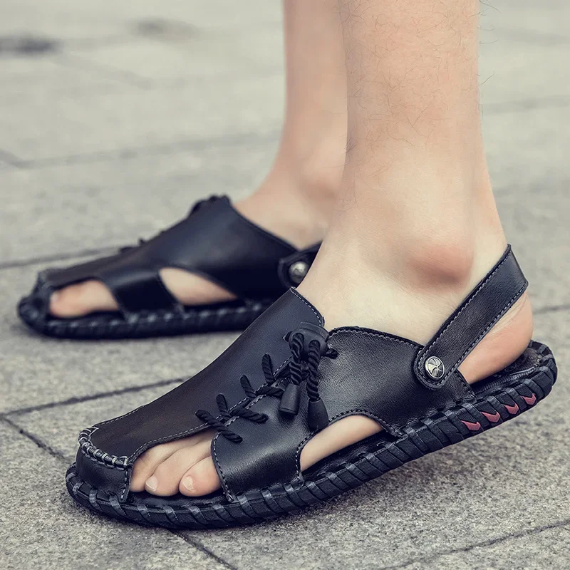 Summer New Two Ways To Wear Slippers and Sandals Lightweight Casual Cowhide Sandals Fashion Beach Brand Man Outdoor Half Flats
