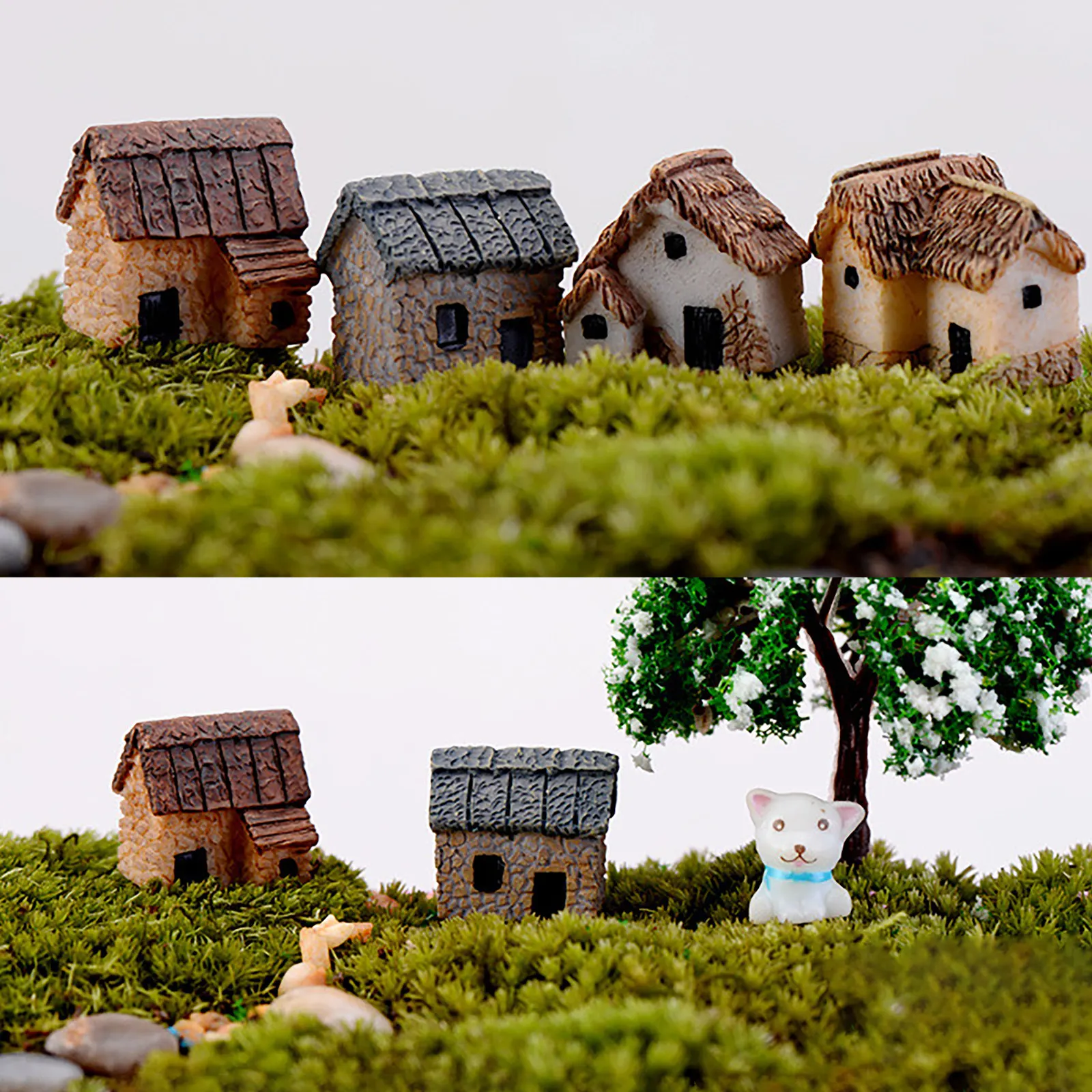 4Pcs Fine Craftsmanship Resin Miniature Houses Micro Landscape Decor for Fairy Garden Terrarium Desktop Yard Garden Decoration