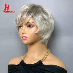 Ombre Gray Pixie Cut Wigs Human Hair Glueless Wigs Grey Fringe Full Machine Made Wigs With Bangs Fringe Human Hair Wigs Hairugo