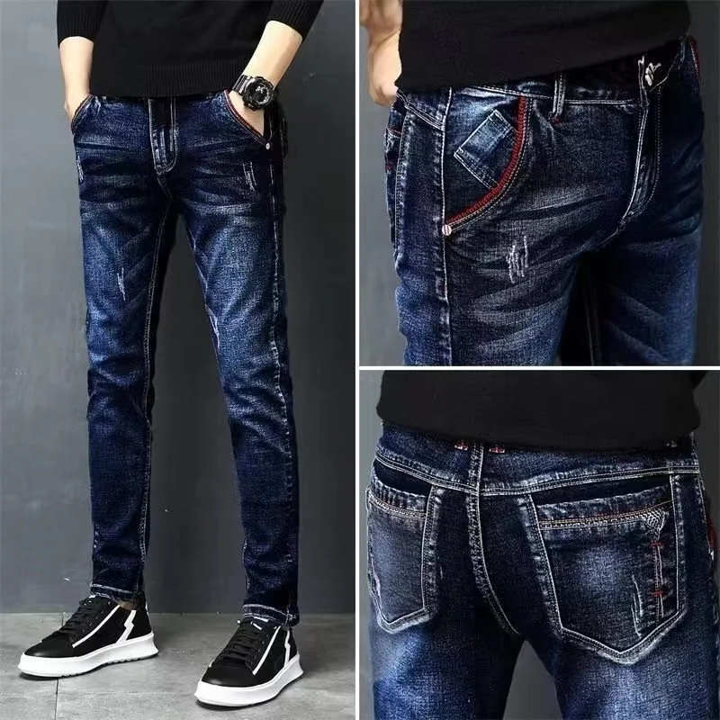 

Мужские джинсы Slim Fit, темно-синие, в японском стиле, весна-осень, новая модная повседневная модель, хлопок, стрейч, длинные брюки, молодежные