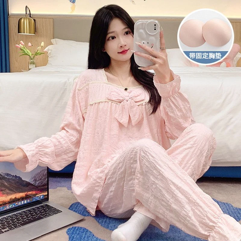 

2025 Spring Autumn Long Sleeve Cotton Pajama Sets for Women Korean Cute Bow Sleepwear Pyjama Homewear Pijama Mujer Home Clothes