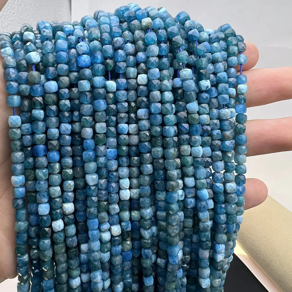 

Natural Blue Apatite Faceted Cube Cut Stone Loose Spacer Beads Strands Jewelry Making Accessories DIY Cylindrical Bead