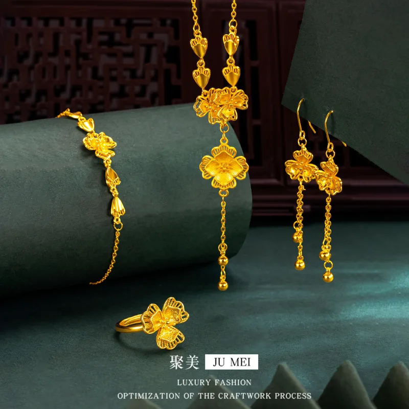 

Роскошный браслет-цепочка из чистого золота 24 карата 9999, настоящее золото, лепесток, кисточка, сиреневый комплект, женские обручальные украшения