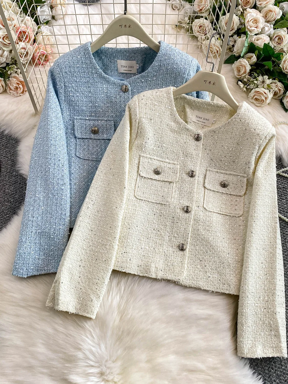 

Синее твидовое пальто Ele с круглыми пуговицами для женщин, свободный топ для похудения с блестками, нежная верхняя одежда