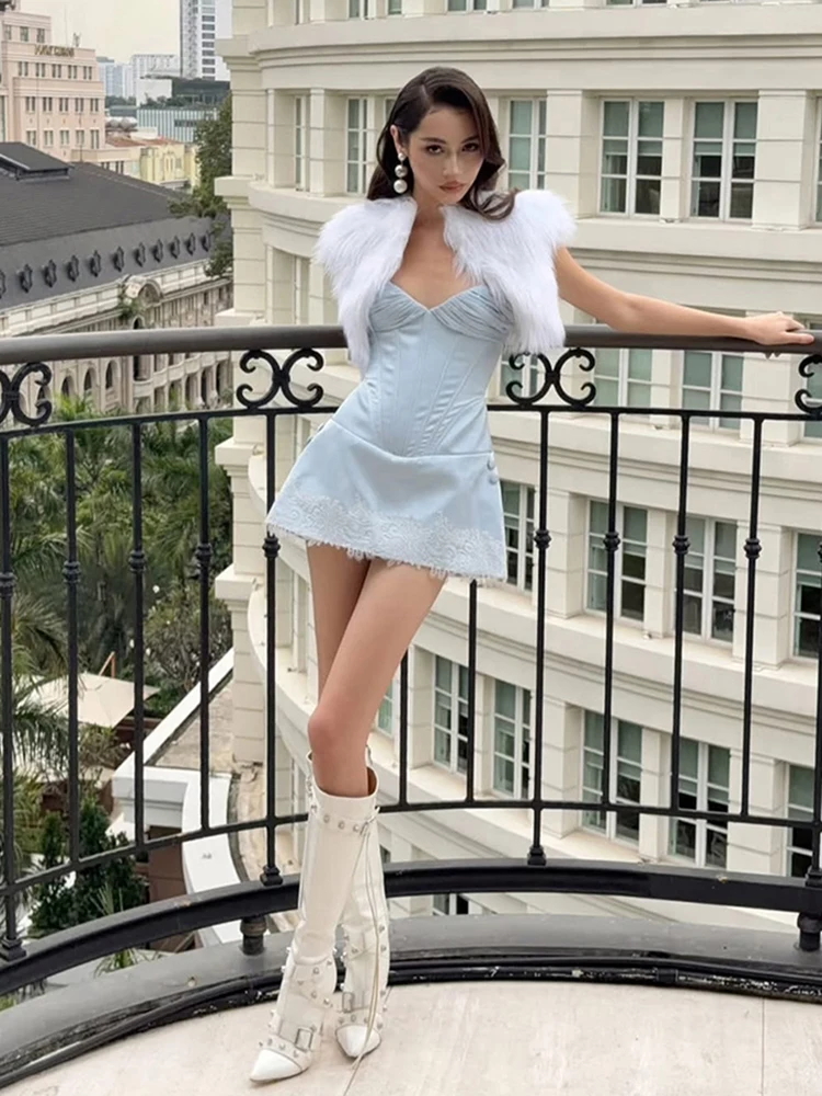 เดรสสายเดี่ยวเซ็กซี่แบบแปลกตาสำหรับผู้หญิง ผ้าซาตินจับจีบ คอต่ำ แต่งผ้าแจ็คการ์ด ตัดต่อแบบเปิดหลัง สาวฮอต วันวาเลนไทน์ ออกเดท ทรงเข้ารูป